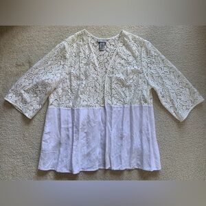 Catherines Linen Lace Cardigan Topper 1X Cream Semi Sheer Open Feminine Resort